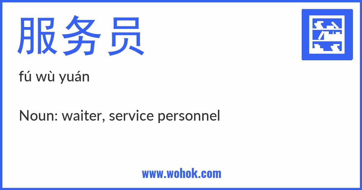 Learning card for Chinese word 服务员 with Pinyin and English Translation