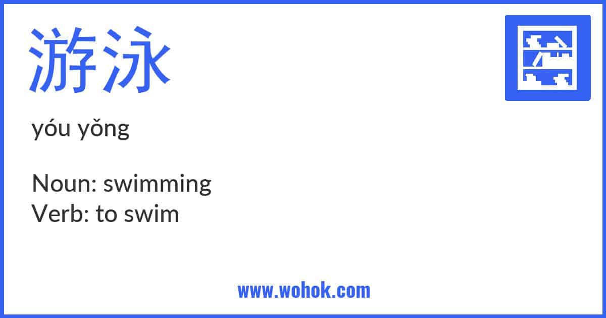 Learning card for Chinese word 游泳 with Pinyin and English Translation