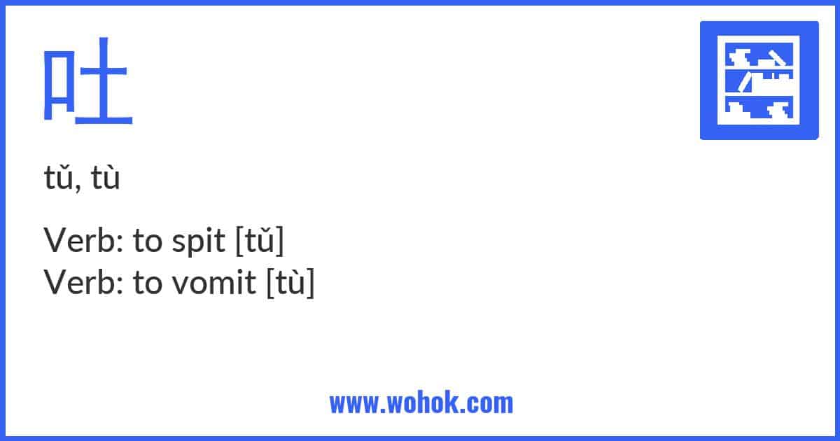 Learning card for Chinese word 吐 with Pinyin and English Translation