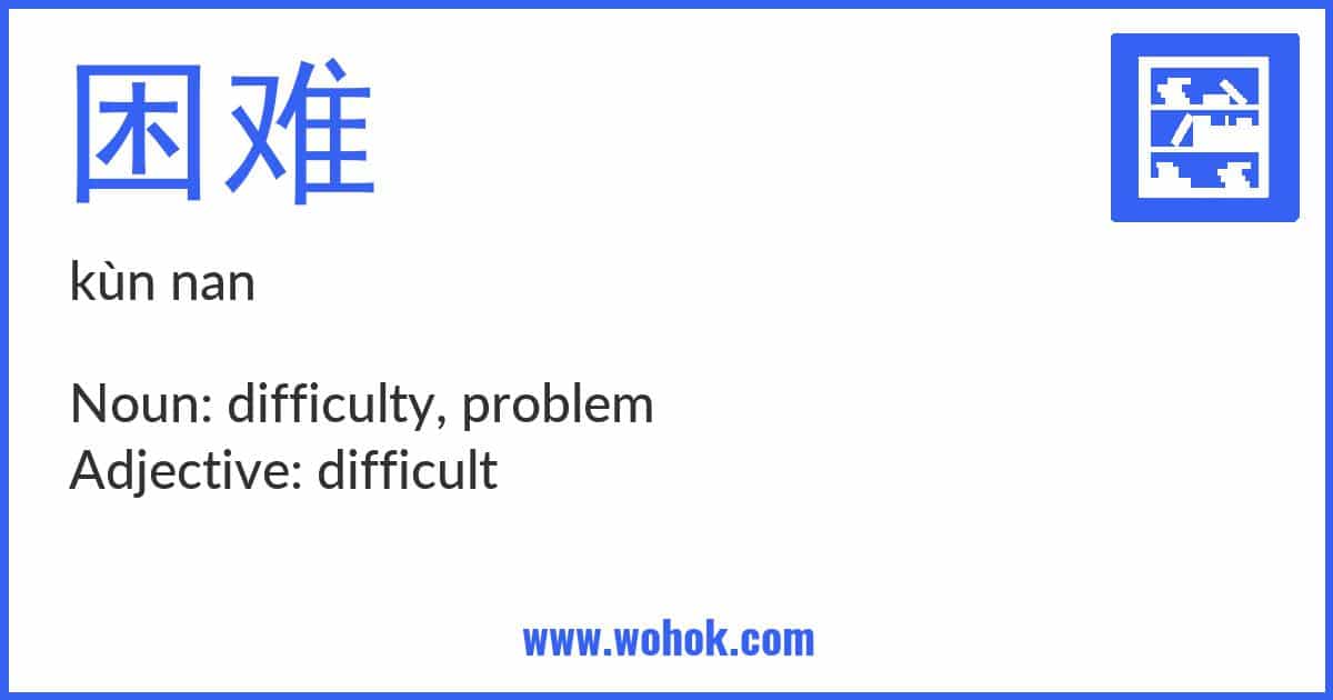 Learning card for Chinese word 困难 with Pinyin and English Translation