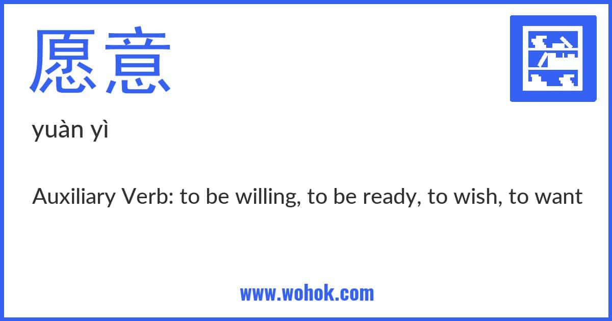 Learning card for Chinese word 愿意 with Pinyin and English Translation
