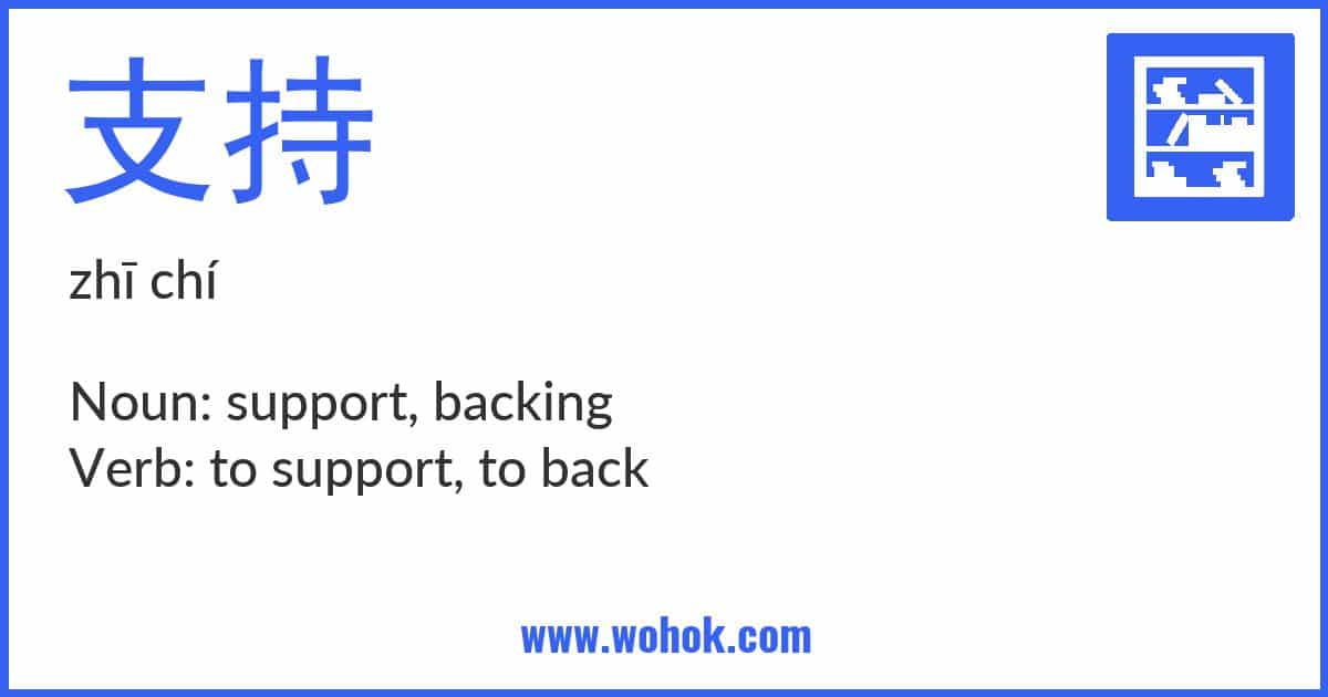 Learning card for Chinese word 支持 with Pinyin and English Translation